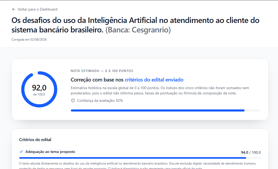 Exemplo real de resultado com nota estimada 92 e critérios detalhados